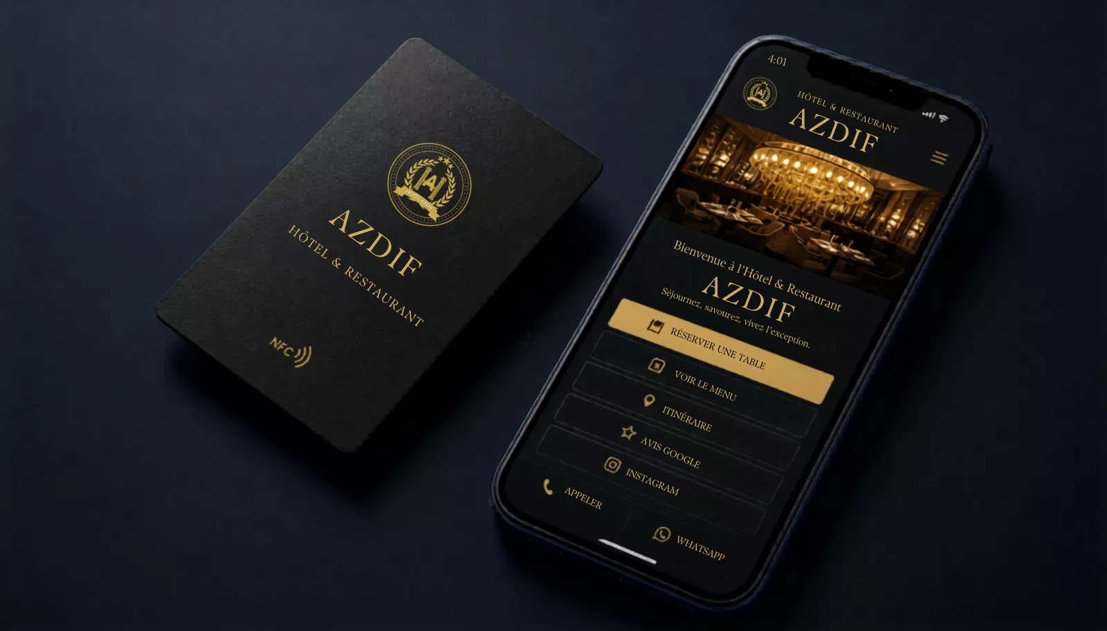 Carte NFC restaurant avec menu digital réservation et avis Google pour Hôtel Azdif