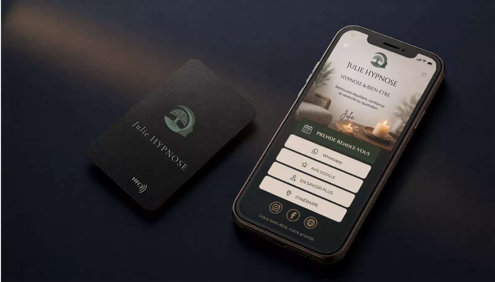Carte NFC thérapeute avec prise de rendez-vous et WhatsApp Julie Hypnose