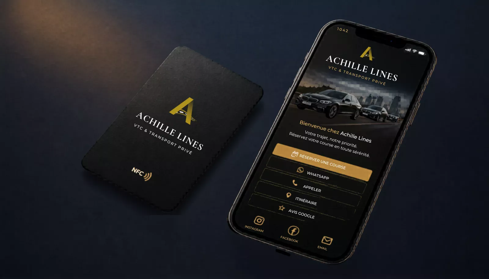 Carte NFC VTC avec réservation transport privé et avis Google Achille Lines