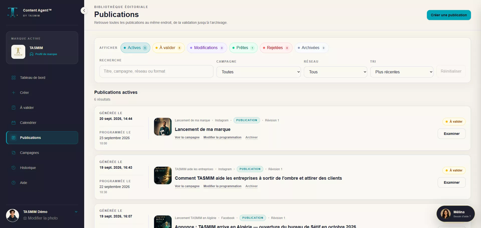 Véritable interface des publications Content Agent sur ordinateur