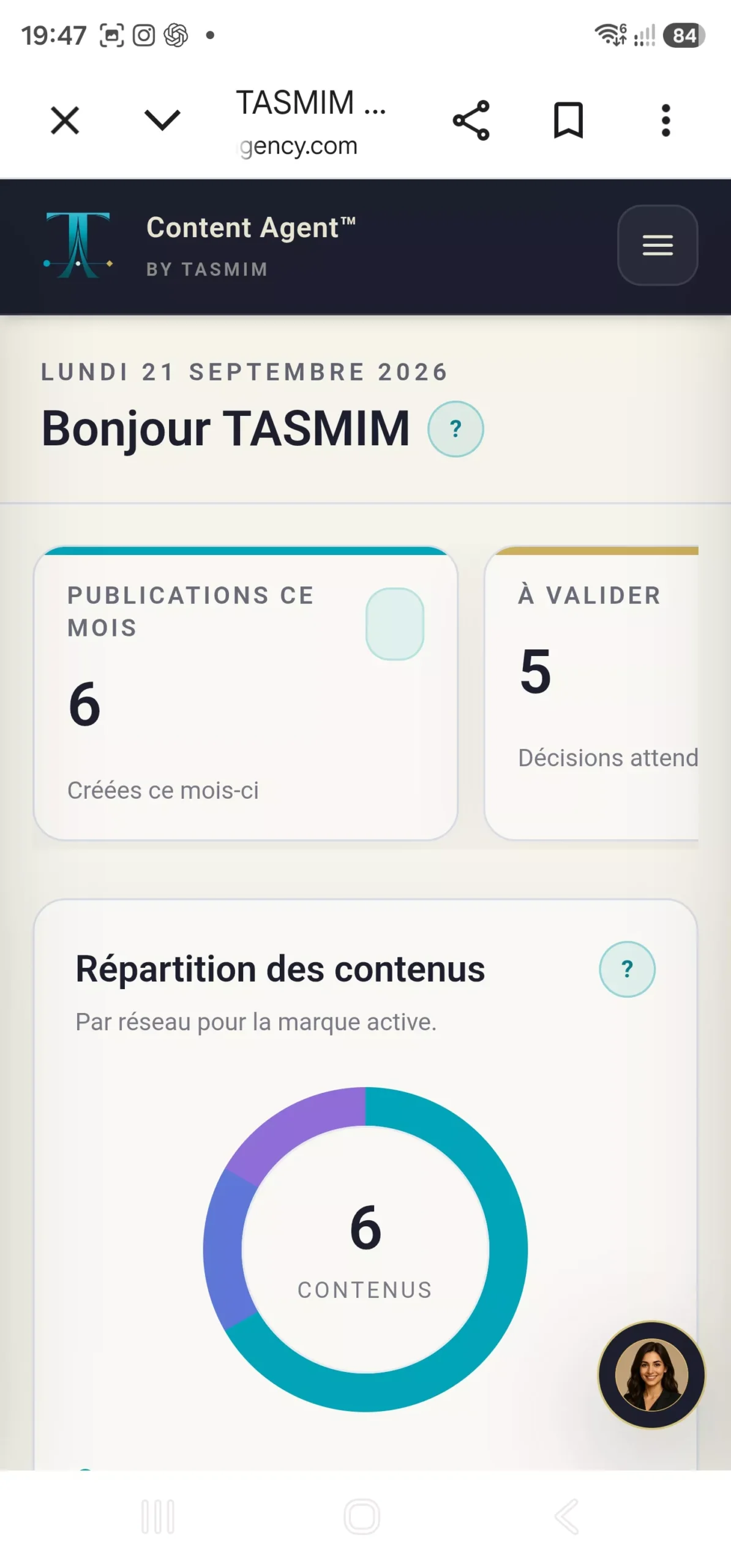 Tableau de bord de Content Agent sur mobile