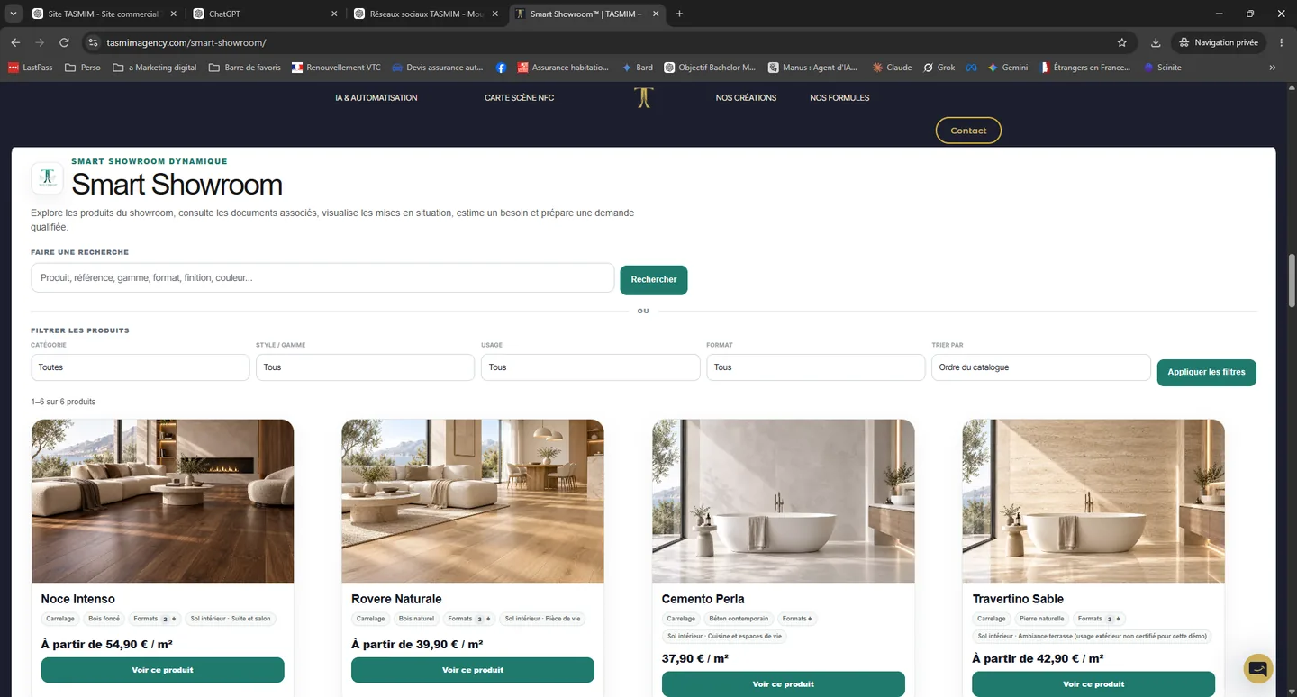 Catalogue Smart Showroom présentant six produits de démonstration